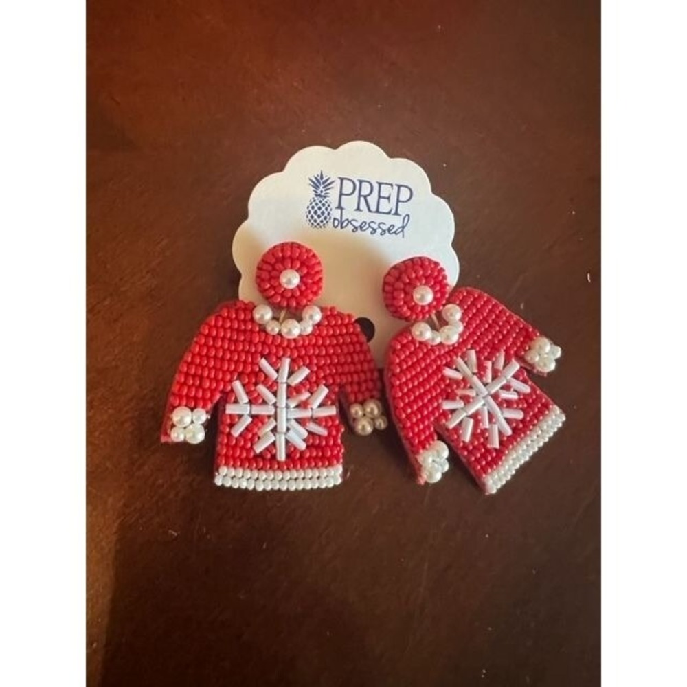 Prep Obsessed Christmas ugly sweater Earrings - Holiday Red & White Beaded - Picture 4 of 4